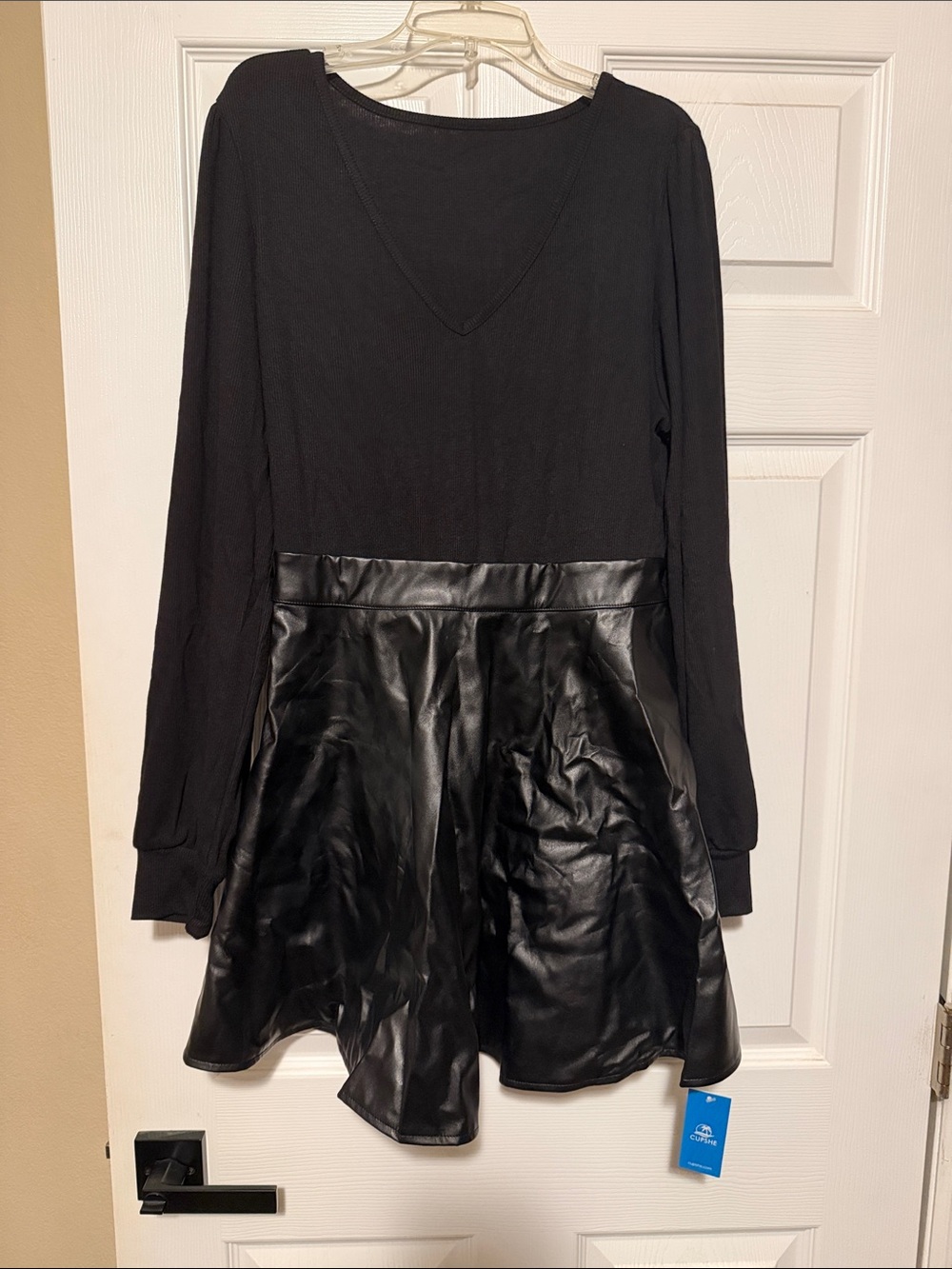 Cupshe Black Long Sleeve Faux-Leather Skater Dress